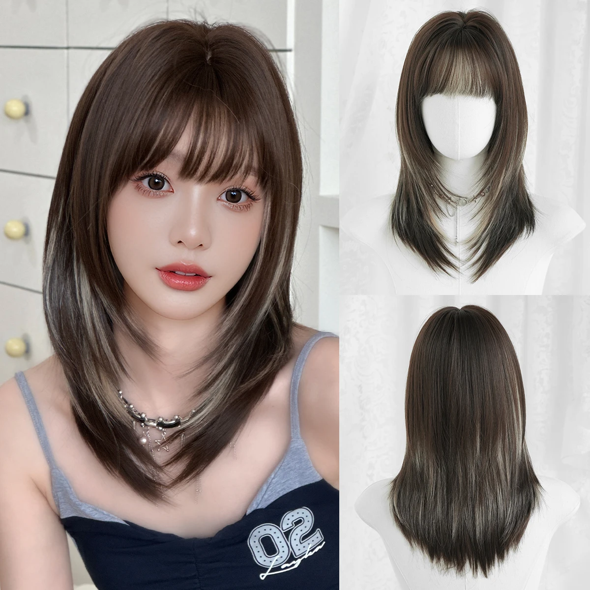 

7JHH WIGS Shoulder Length Straight Mocha Brown Wig for Women Synthetic Layered Modest Fashion Wear and Go Wigs with Neat Bangs