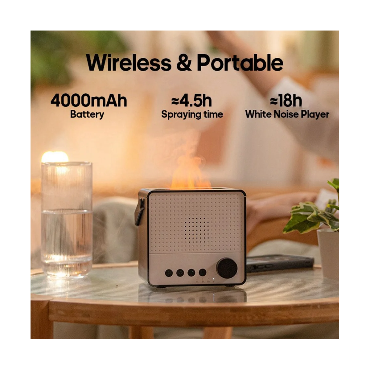 เครื่องกระจายกลิ่นเปลวไฟแบบพกพาไร้สายเครื่องเพิ่มความชื้นในอากาศ Essential เครื่องเล่นเสียงสีขาวเครื่องช่วยการนอนหลับลำโพง BT