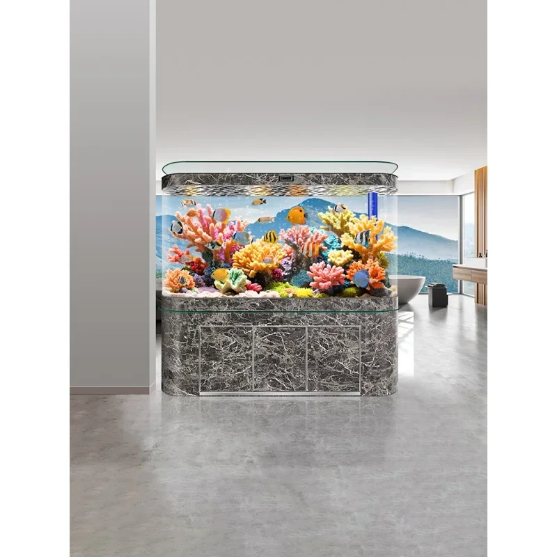 Household large office fish tank living room with cabinet integrated machine bottom filter intelligent floor hot bending tank