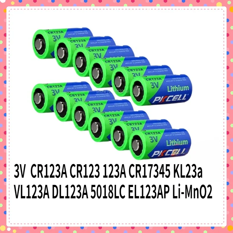 3V20Pcs for PKCELL Battery CR123A CR123 123A CR17345 KL23a VL123A DL123A 5018LC EL123AP Li-MnO2 Lithium batteries LED Flashlight