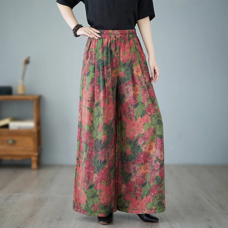 Fashion Retro Straight Oversized High-waisted Wide-leg Pants 2024 New Woman Ethnic Style Temperament Print Mom Loose Trousers