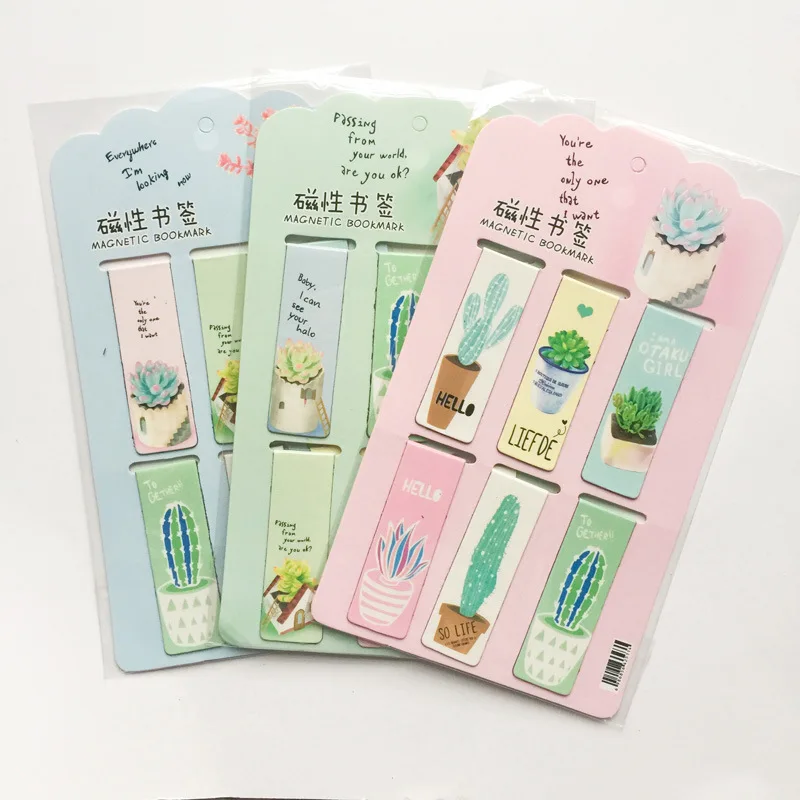 6 pçs/pçs/set plantas verdes cactus marcador magnético kawaii livros marcador de página estudante papelaria escola escritório suppl