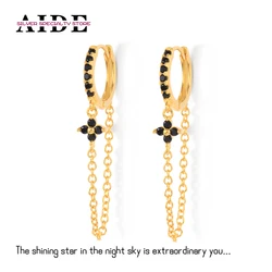 AIDE S925 Sterling Silver Tassel Chain Zircon Crystal Flower Hoop Earrings For Women Huggie Earring Pendientes Jewelry Brincos