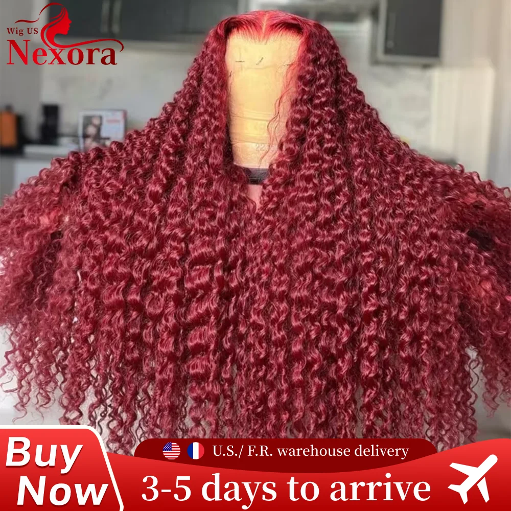 

Парик из натуральных волос с глубокой волной, 220 плотности, 99J Бордовый, 30-36 дюймов, с кружевной передней частью 13x6, кудрявый, красный, с прозрачным HD кружевом 13x4