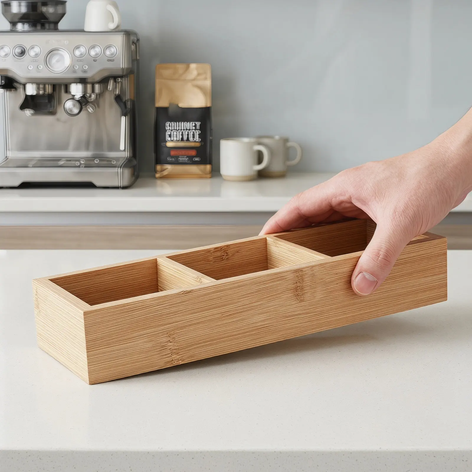 Wood Tea Bag Organizer Box 11x4x1.8in Bamboo 3-Compartment Coffee Station Countertop Sugar Packet Holder Tea Storage Organizer view 2