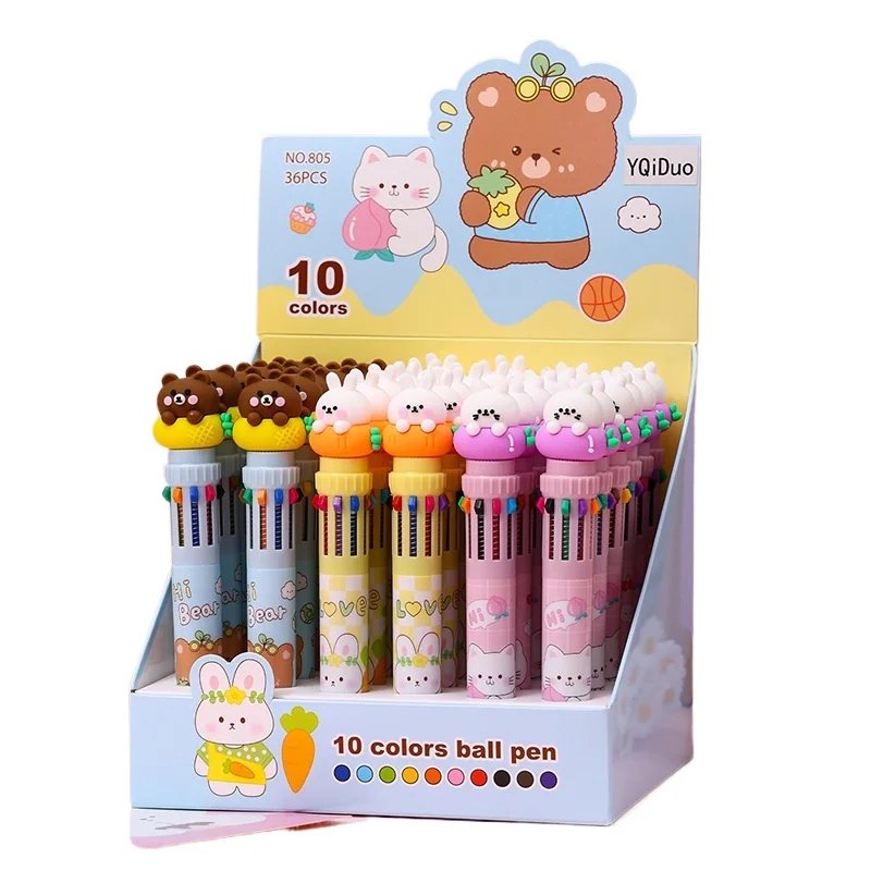 36pcs Ballpoint Pen 0.7 Mm Kawaii Cute Animal Cartoon 10 Colors Retractable Multicolor Pen For Journaling Office Stationery Gift
