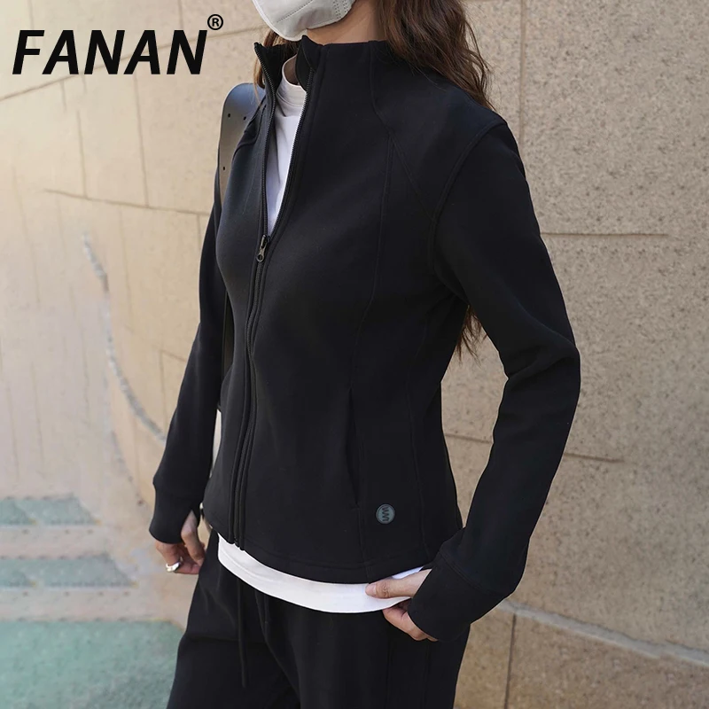 

FANAN, черный толстый теплый низ, женские пальто с воротником-стойкой, спортивные топы в стиле минимализм, женская одежда, новинка зимы 2023 г.