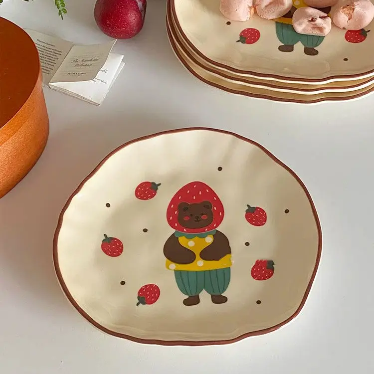 INS Strawberry Bear Ceramic Plate Underglaze Color Ceramic Flat Plate Home Breakfast Dish Cute Illustration Shallow Mouth Plate