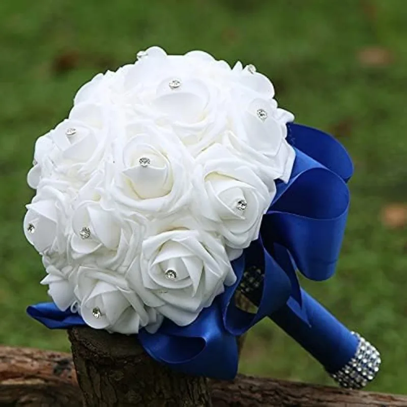 

Wedding Bridal Bouquet Crystal Pearl Silk Roses Royal Blue Bridesmaid Hand Flowers Wedding Engagement Valentine's Day Decor