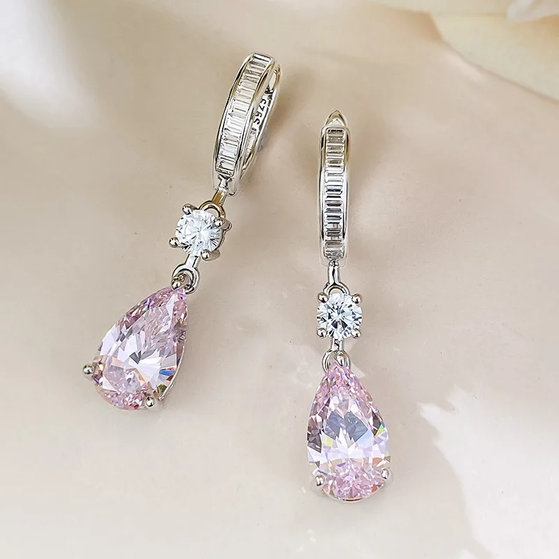 European and American New Pear Shaped Pink Diamond Water Drop Earrings and Ear Buckles for Daily Fashion Commuting