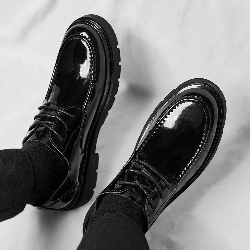 Brand Spring Autumn Men Dress Shoes Lace Up Casual Black Leather Shoes Men Glossy Loafers Luxury Wedding Party Male Shoes men