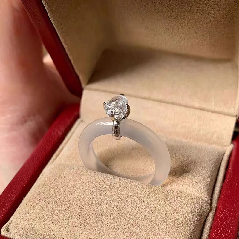 New in Natural Ice chalcedony rings for women inlay Single Diamond Simple High Quality Ring gentle style fine Jewelry Gifts