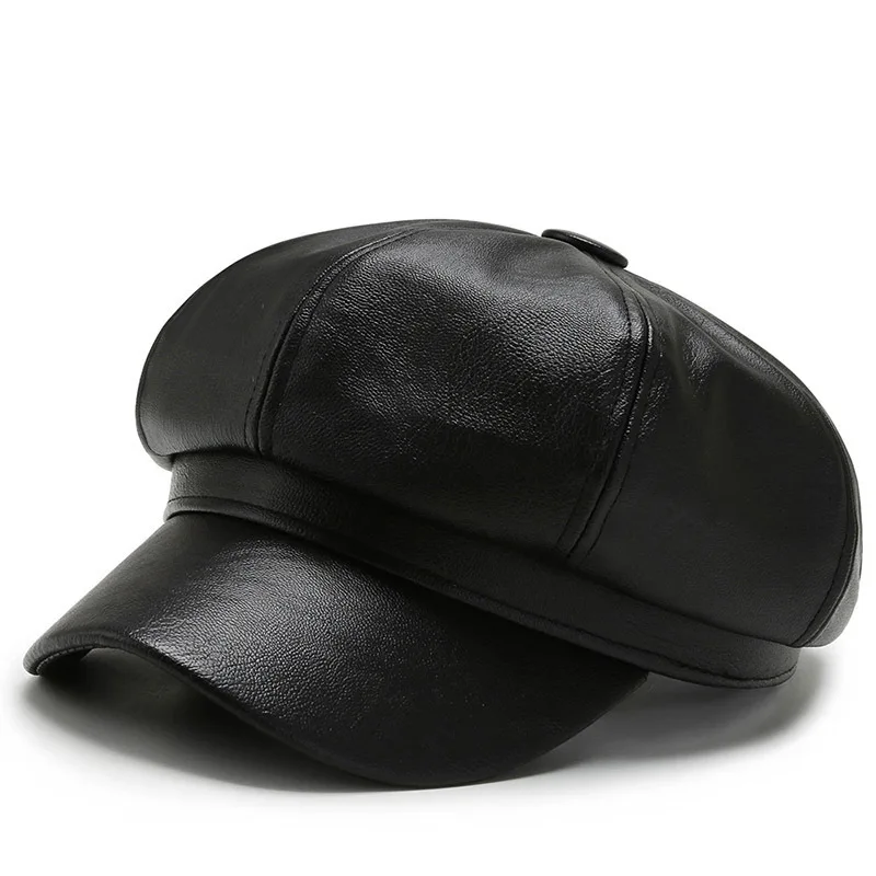 Solid Color PU Leather Octagonal Cap Female Fashion Newsboy Cap Retro Duck Tongue Cap Berets Women Hat Winter Autumn Painter Hat