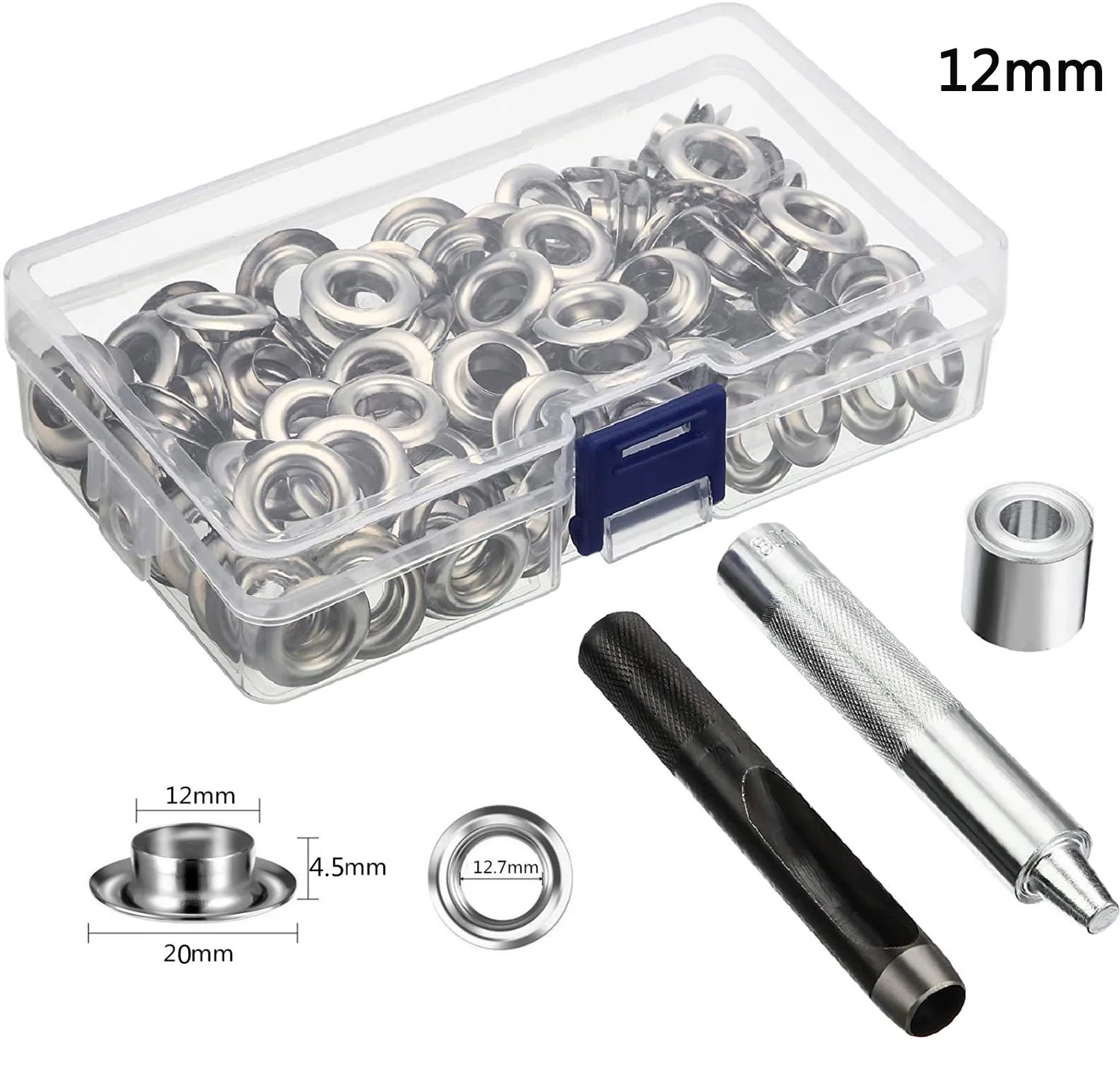 Tülle Werkzeug Kit 100 Sets Ösen Ösen 6mm 10mm 12mm 14mm Innen Durchmesser Silber für Kleidung schuhe Tasche Leder Handwerk DIY