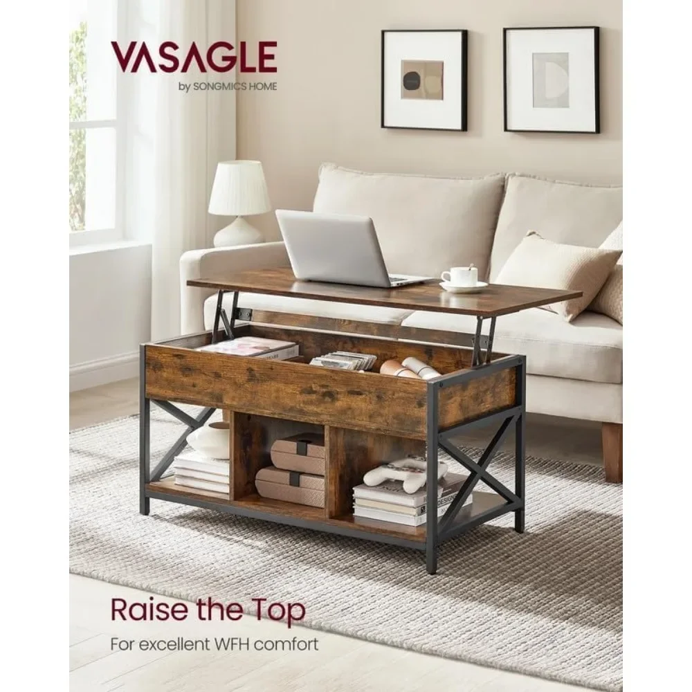 Table basse relevable avec étagère de rangement et compartiments cachés, tables basses, meubles de salon, rustique, marron et noir