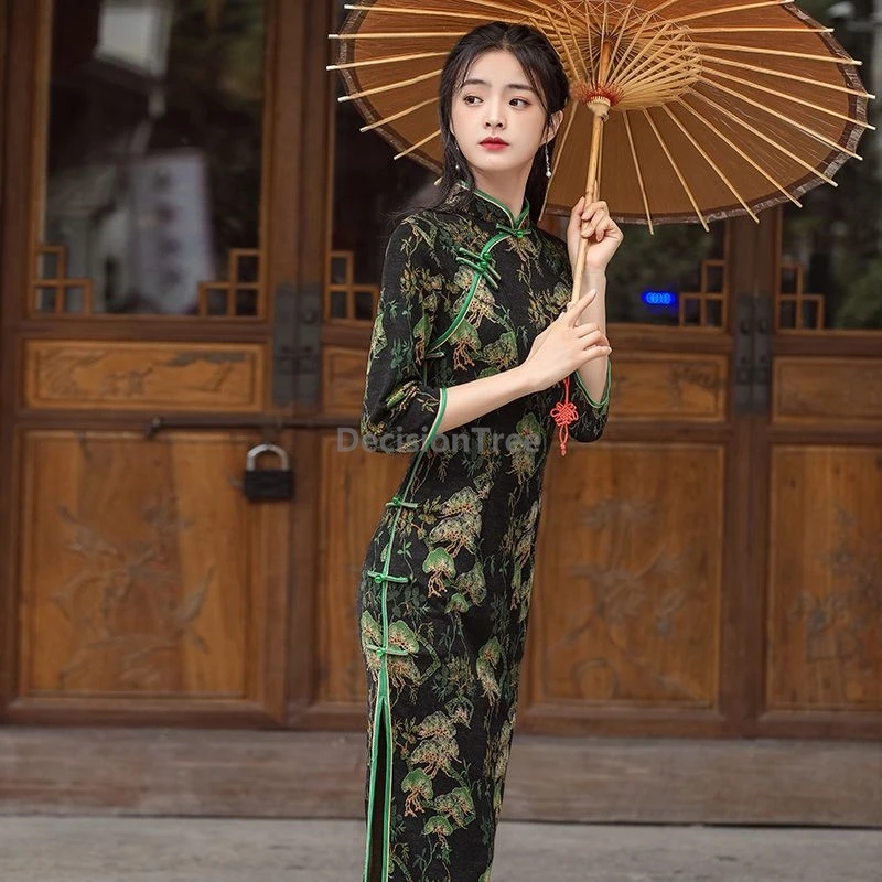 

Новое женское ципао 2026 года с длинными рукавами, облегающее, винтажное, традиционное, улучшенное, модное, китайское ципао, изысканное, с принтом, чонсам