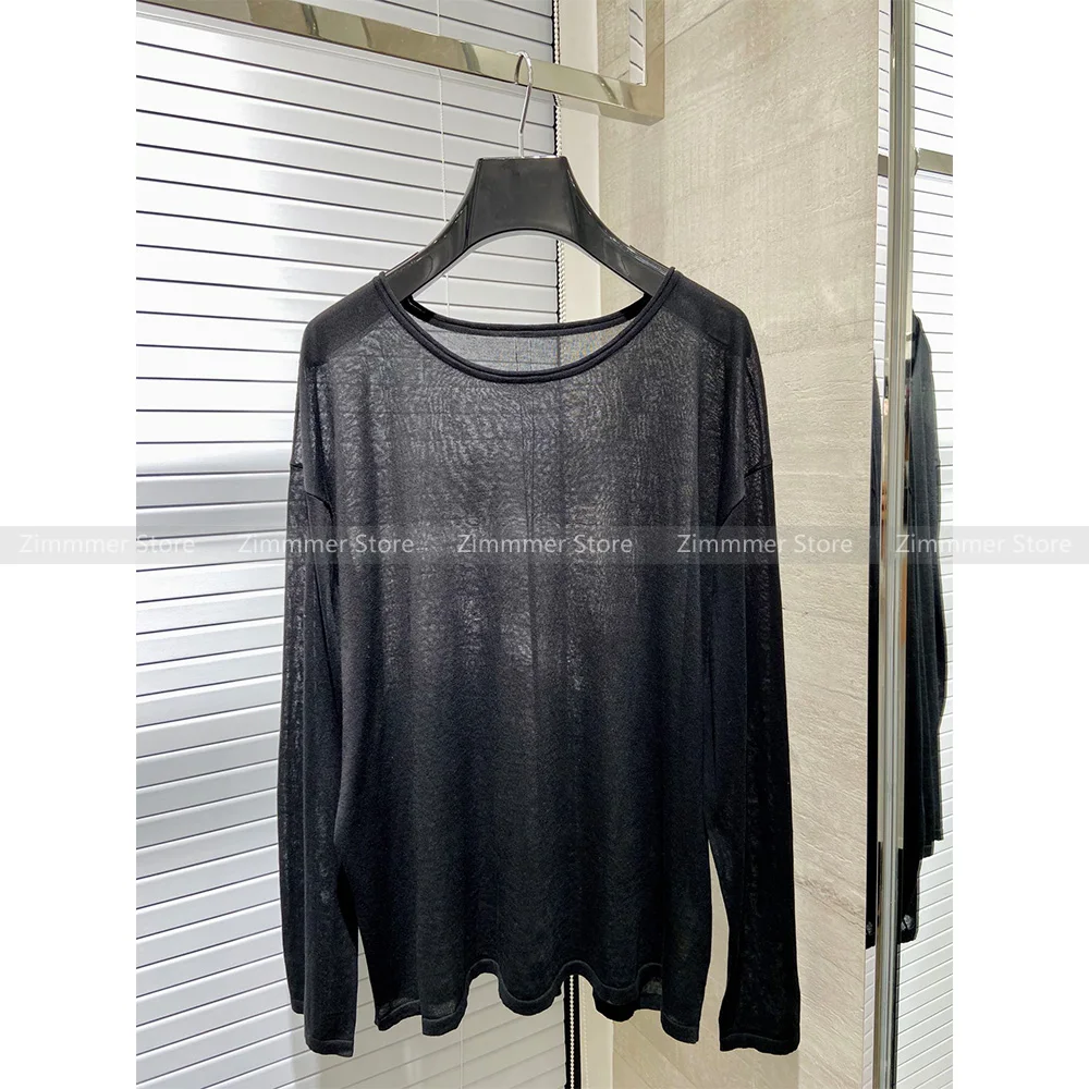 

Black and white see-through sense of knitting thin lazy style loose long-sleeved round neck T-shirt tops