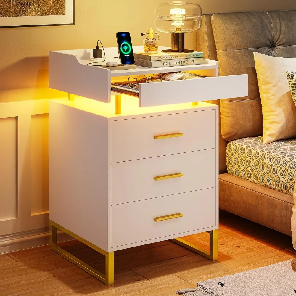 

LED Nightstand with Charging Station, Large Night Stand with 3 Drawers and 1 Pull-Out Tray, Modern Bedside Table with LED Lights