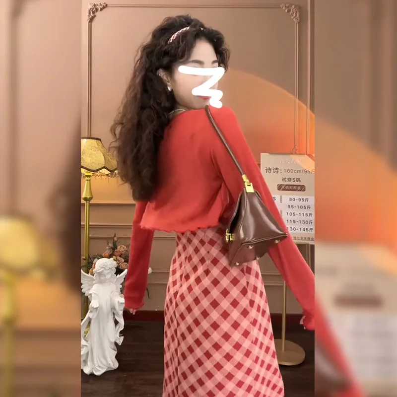 レッドチェック柄ストラップドレ女性の秋の新作Sle CleteロングスカートフレンチSleウエストシンチドスプリットE12068