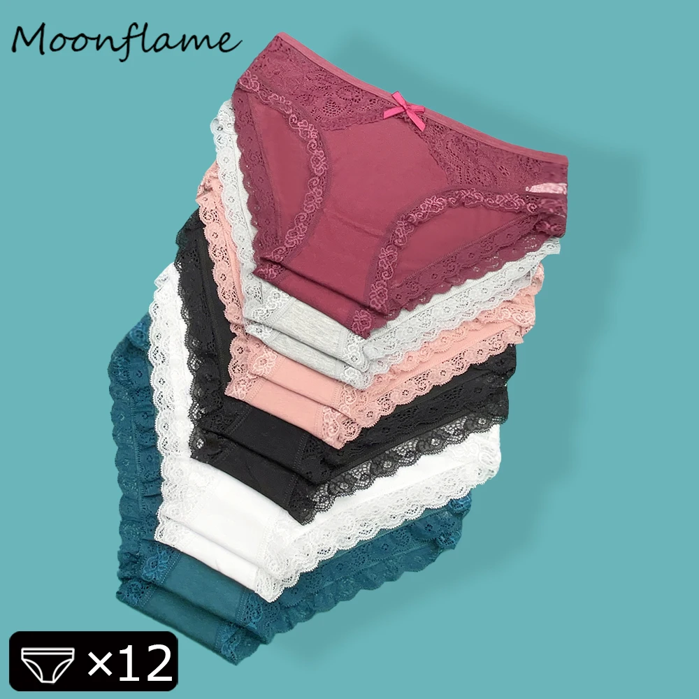 

Moonflame 12PCS Underpants Solid Color Lace Ladies Sexy Panty M-XL Low-Rise Underwear Female Cotton Briefs Women Panties