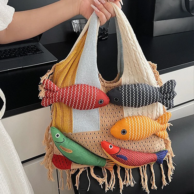 Casual Summer Cotten Crochet Shoulder Bag Fish Large Capacity Hollow Out Weave Bag Fashion Simple Tassels Beach Handbag Summer