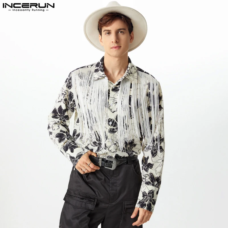 

Men Elegant Long Sleeve Shirts INCERUN 2024 Floral Printed Tops Handsome Tassel Splicing Turn Down Collar Button Loose Blouses