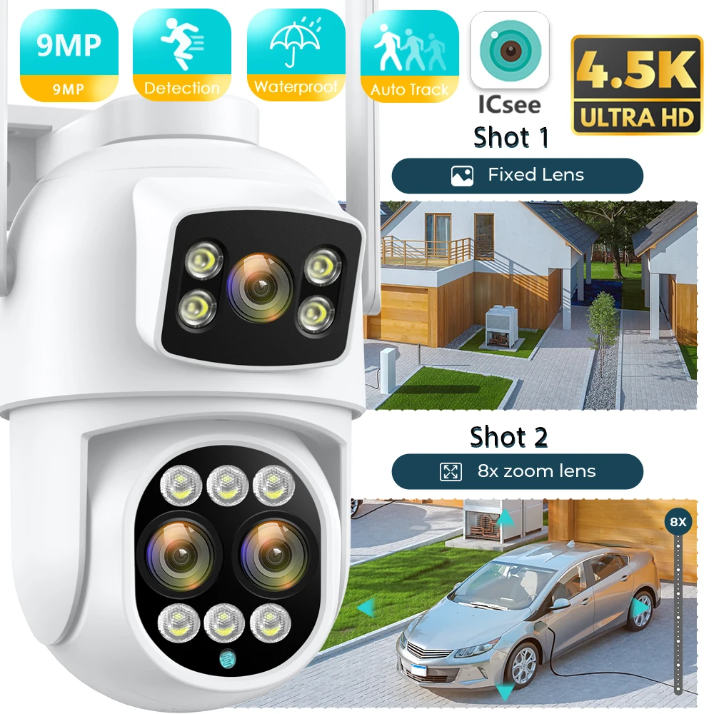 9MP 4.5K Wifi Camera Dual Screens Outdoor Night Vision 8X Digital Zoom 8MP PTZ Security Protection CCTV Surveillance IP Camera