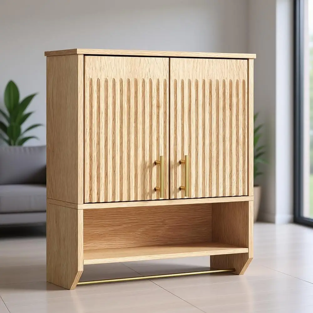 

Элегантный настенный шкафчик для медикаментов с 2 дверцами и держателем для полотенец, идеально подходит для небольших помещений в ванных комнатах и на кухнях, натуральная отделка