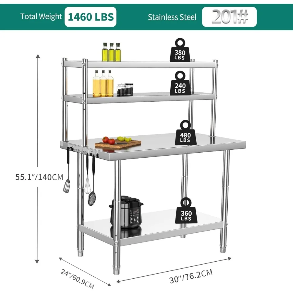 Stainless Steel Table with Overshelves, Metal Table Prep Table for Home Kitchen Restaurant Garage Warehouse