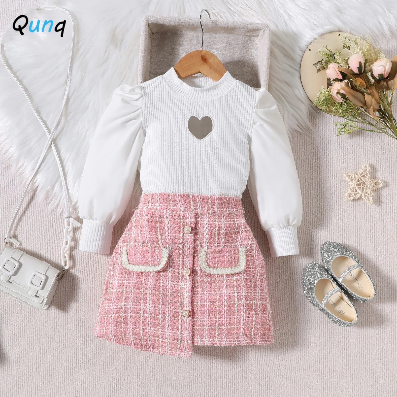 

Qunq 2023 Autumn New Girls Hollow Out O Neck Bubble Long Sleeve Top + Plaid Skirt 2 Pieces Set Casual Kids Clothes Age 3T-8T