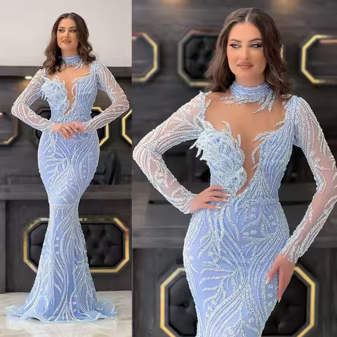 Fancy Sky Blue Mermaid Prom Dresses Sheer High Neck Evening Dress Customized Lace Long Sleeves Party Gown