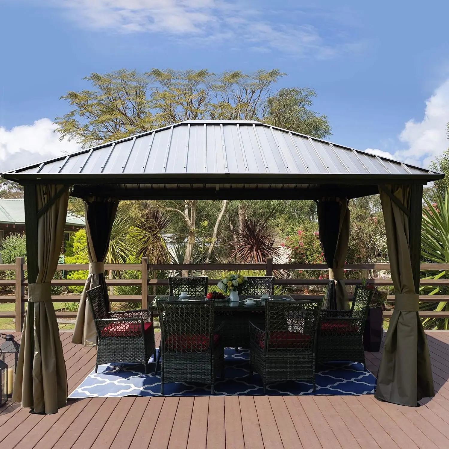 10'x12' Hardtop Gazebo Permanent Metal Pavilion with with 2-Layer Sidewalls Curtains for Patio, Backyard, Custom