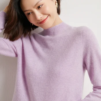 100% Merino ขนสัตว์เสื้อกันหนาวผู้หญิงครึ่งคอสูงหลวมถัก Bottoming เสื้อฤดูใบไม้ร่วงฤดูหนาวแขนยาว Soft Cashmere Top