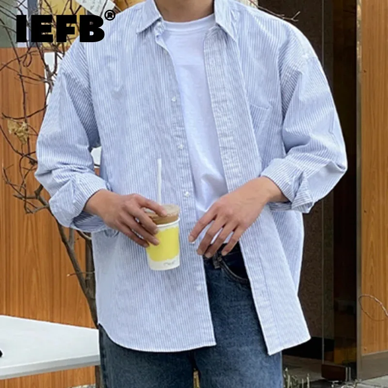 

IEFB Stripe Men's Shirt Korean Fashion Turn-down Collar Pocket Button Contrast Color Male Shirts Casual Autumn New Trend 9C4613