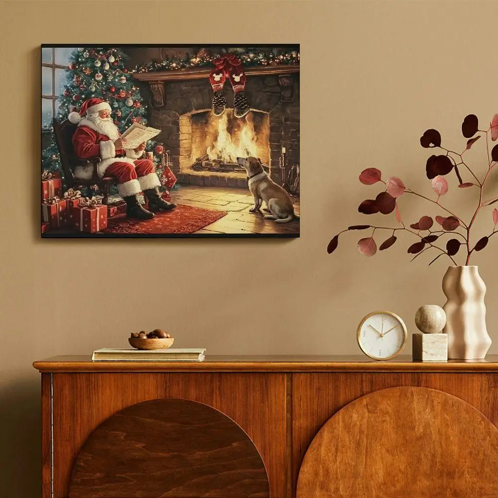 Peinture sur toile rustique du Père Noël, chien mignon avec cadeaux, décoration de Noël vintage, livraison de vacances, cheminée, 1PC