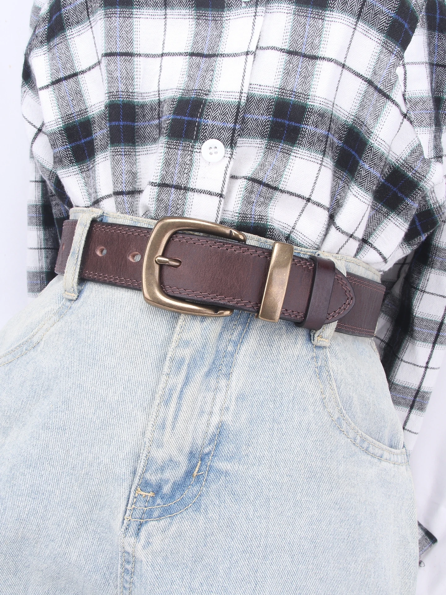 手作りの純粋なトップレイヤー牛革ベルト、ヴィンテージ銅バックル、多用途ワイドカジュアルレザーベルト、ジーンズ用、女性用おしゃれベルト