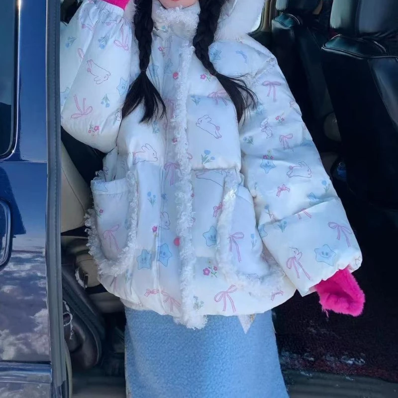 أزياء الكرتون طباعة مقنعين الخبز الملابس النسائية الشتاء تصميم الشعور الباردة واقية سميكة سترة مبطنة بالقطن #4