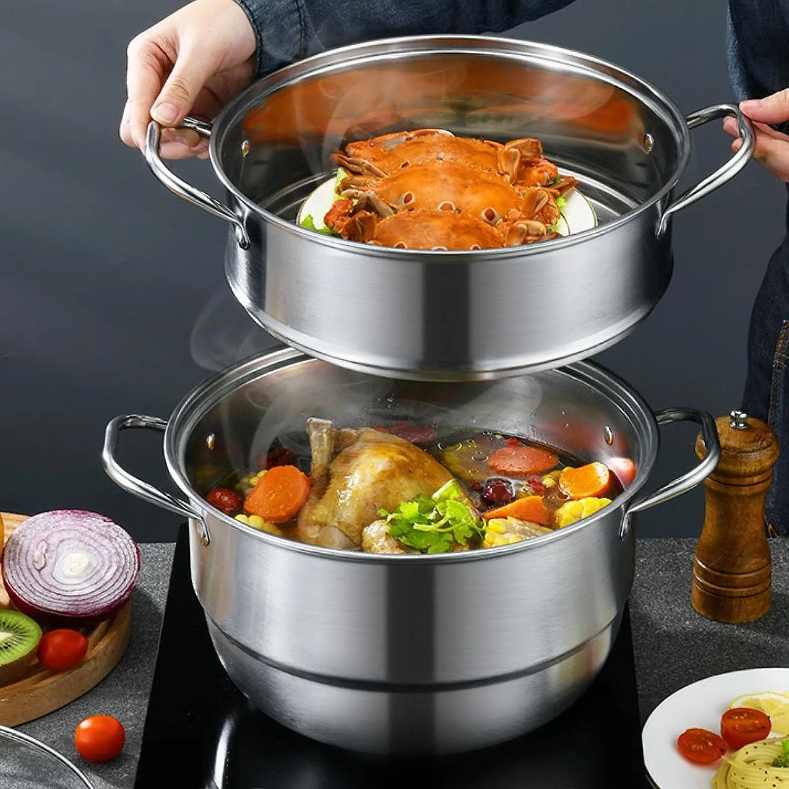 Steamer Pot 2 Tier Kitchen Steamer Cooker for Stock Dumpling Vegetable