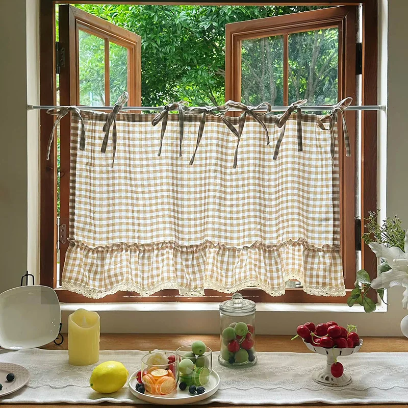 Modern Light Khaki Classic Plaid Ruffled Short Curtain Tie Top Design Cafe Curtain For Kitchen Cabinets Farmhouses Homestays