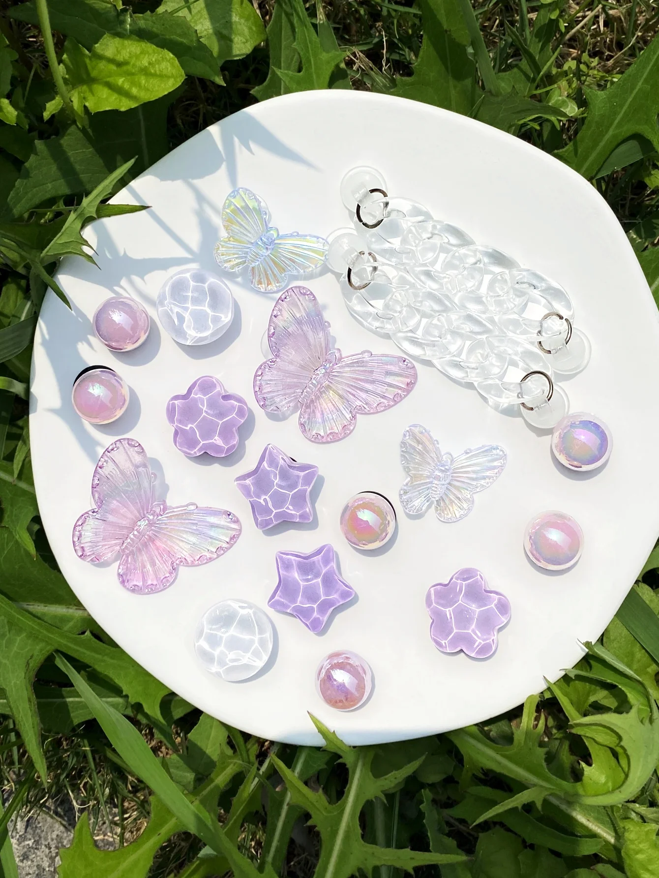 18 ชิ้นโซ่โปร่งใส,ผีเสื้อสีม่วง,ระลอกน้ําดาว,ดอกไม้,ผีเสื้อสีขาว, สีชมพู ABS Pearl รองเท้าหัวเข็มขัด DIY dec