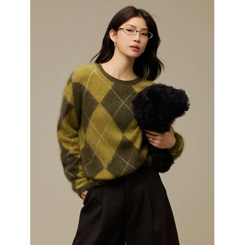 Wool Cashmere Blend Argyle Sweater Winter Thick Brushed Women Round Neck Loose Warm Pullover Knit Tops