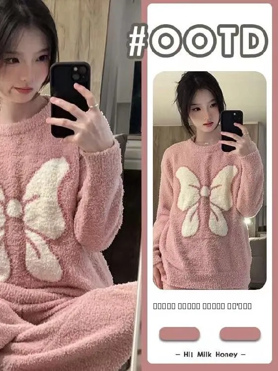 여성용 티엔드 플러피 스포츠웨어 세트, 매듭 장식 따뜻한 홈웨어 긴 소매 라운드 넥 파자마 세트