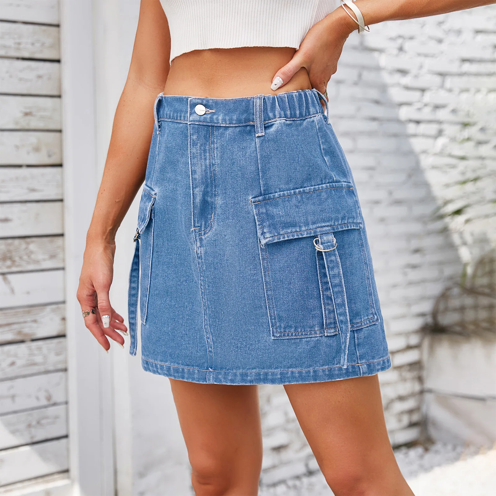 Denim Skirt with Pockets Stylish Women's Denim Cargo Skirt with Button Fly Pockets Elastic Waist Mini Skirt for Women Streetwear