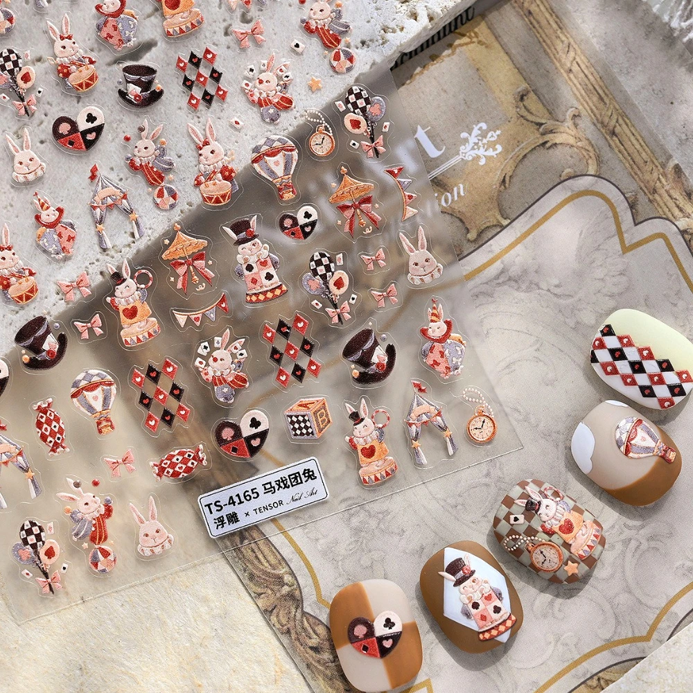 Circus Clown Rabbit Top Hat Candy Bowknot Balloon Tent Poker Pocket Watch 3D Self Adhesive Nail Art Sticker Cute Manicure Decals