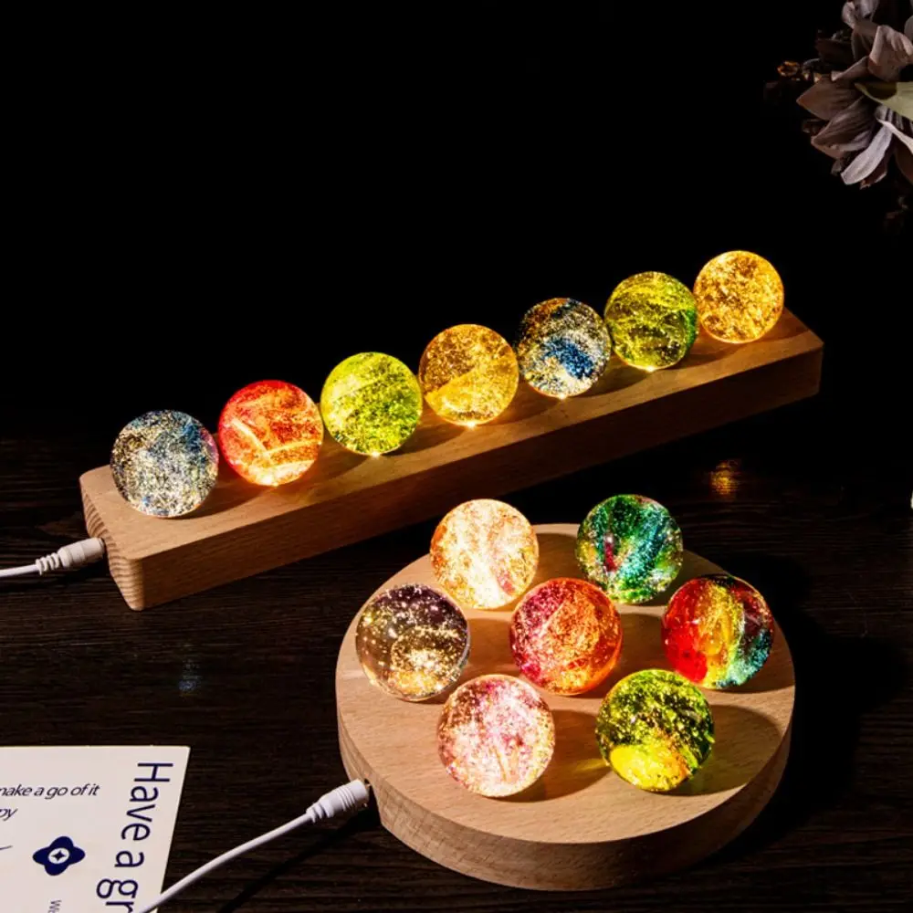 LED Wood Stand 7 Colorful Glass Ball Shiny Rectangle/Round Base Luminous Crystal Ornaments Detachable Durable