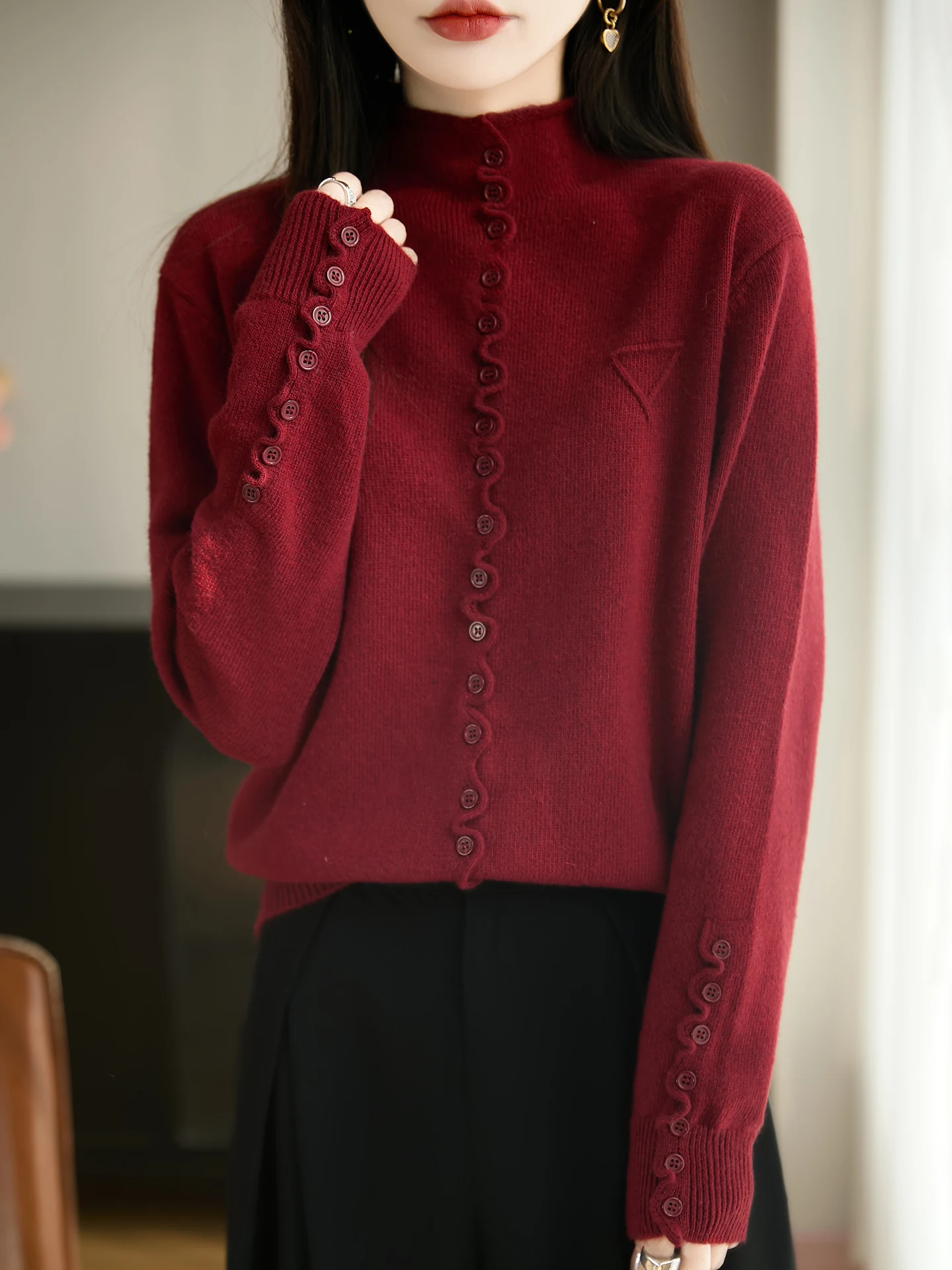 قاعدة محبوكة للنساء لخريف وشتاء f بياقة عالية وزر خشبي للدفء طويل Sve لون مناسب عادي #3