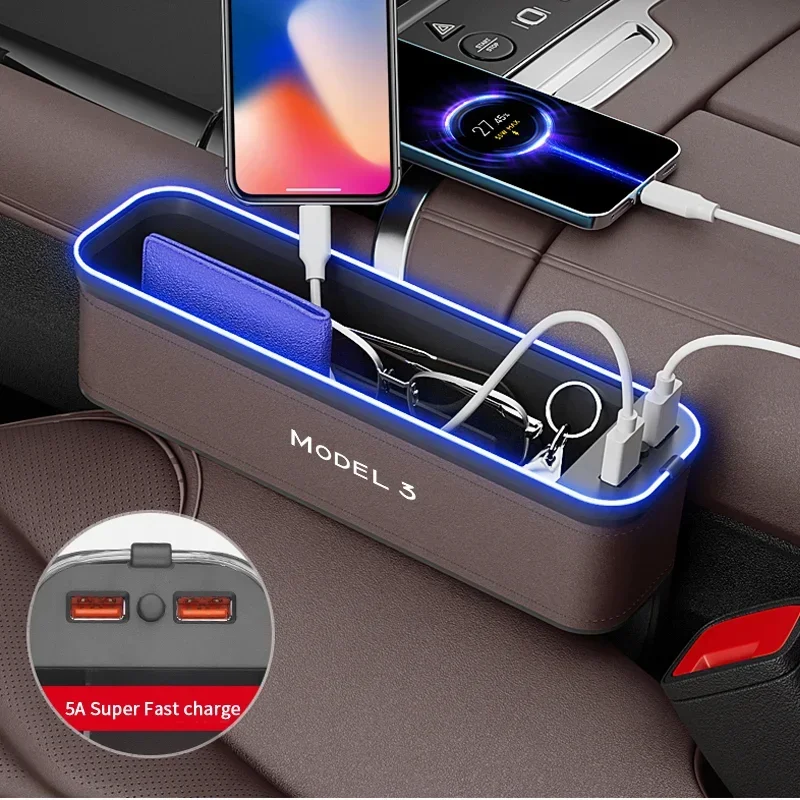 Car Interior LED 7-Color Atmosphere Light Sewn Chair Storage Box For Tesla Model 3 Auto Universal USB Storage Box Accessories