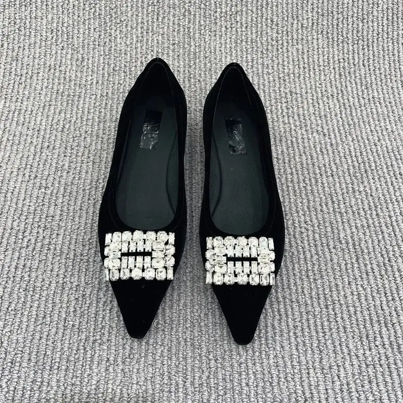 FHANCHU 2024 Early Spring Low Wedges Heels,Women Flock Shallow Out Rhinestone Shoes,Flats,Slip On,Pointed Toe,Black,Dropship