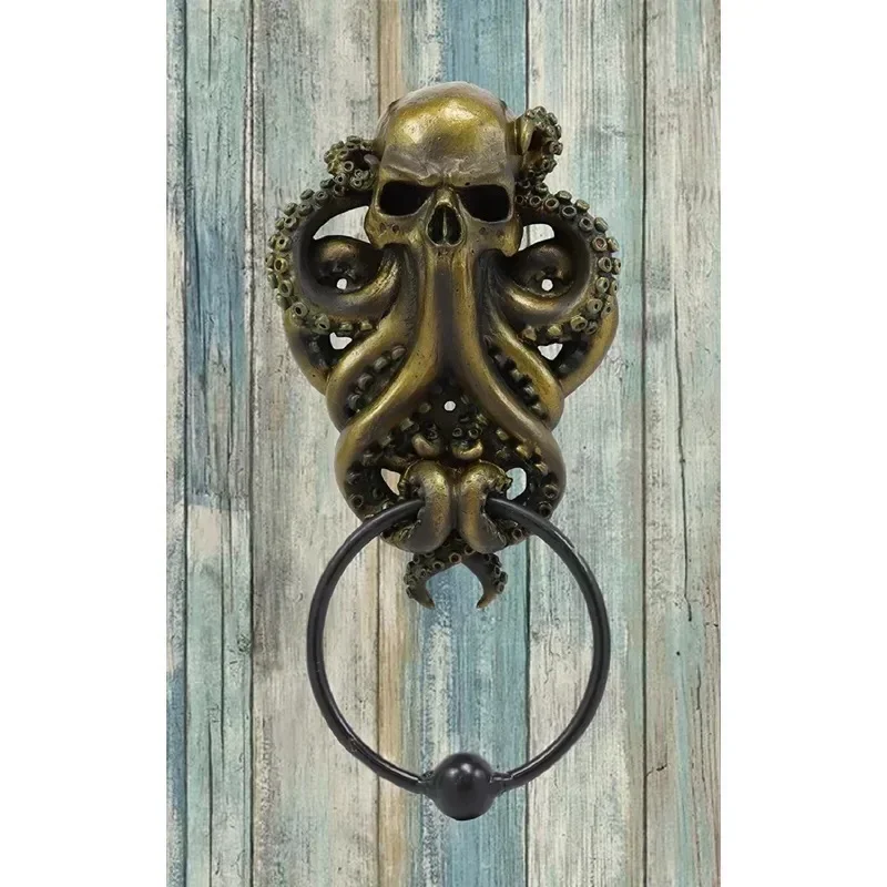 Pacific Giftware Decorative Octopus Skull Monster Resin Door Knocker with Cast Iron Knocker Wall Sculpture Door Ring Decoration