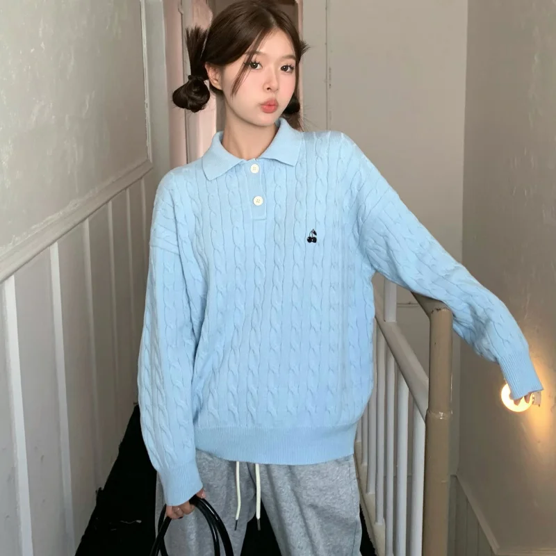 Korean Sweet Women Lapel POLO Collar Sweaters College Style Chic Cherry Loose Pullover Sky Blue Long Sleeve Tops Autumn Winter